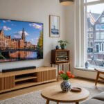 A modern living room in the Netherlands with a flat-screen TV showing a cityscape and a vintage radio on a side table.
