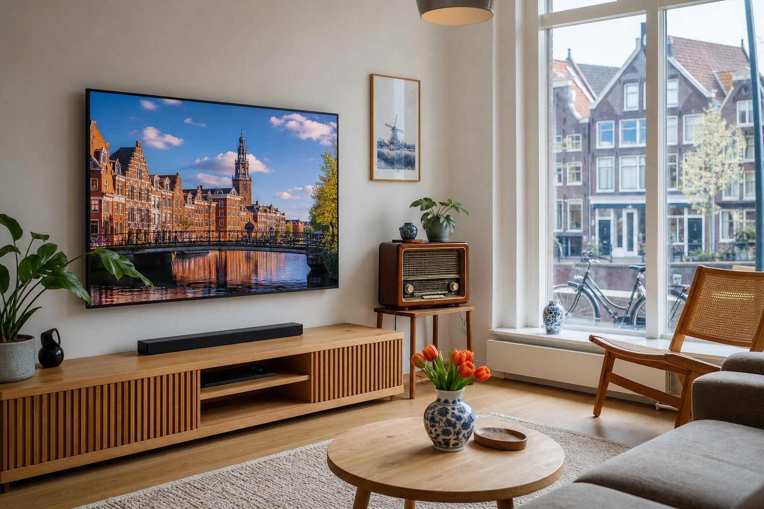 A modern living room in the Netherlands with a flat-screen TV showing a cityscape and a vintage radio on a side table.