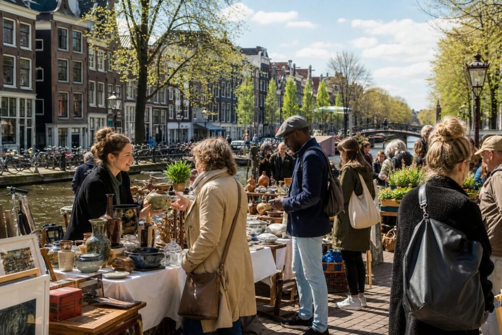 People selling and buying goods at an outdoor market in the Netherlands with traditional Dutch buildings and bicycles in the background.
