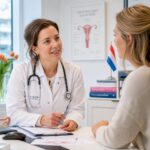 A female healthcare professional consulting with a female patient in a modern medical clinic in the Netherlands.
