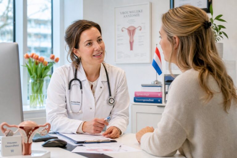 A female healthcare professional consulting with a female patient in a modern medical clinic in the Netherlands.