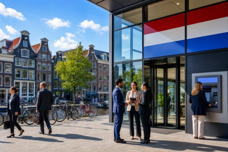 A modern Dutch bank building with business professionals outside, bicycles parked nearby, and traditional canal-side buildings in the background.