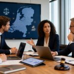A group of professionals discussing documents and data in a modern office with a digital map of the Netherlands in the background.