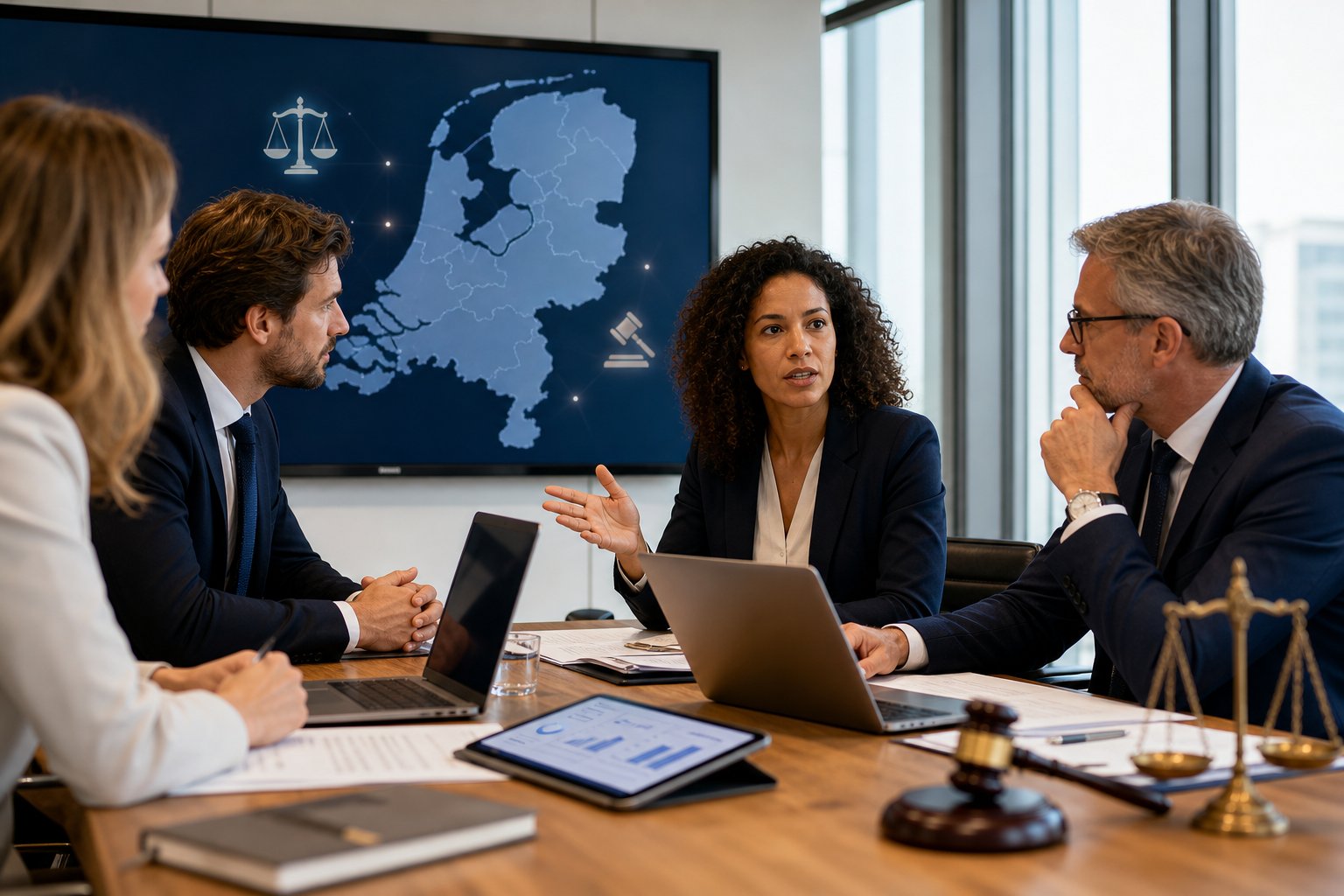 A group of professionals discussing documents and data in a modern office with a digital map of the Netherlands in the background.