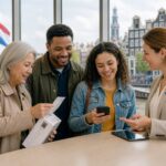 A diverse group of people in a Dutch city setting interacting positively, with one person holding a shopping receipt and another using a smartphone, symbolizing consumer rights.