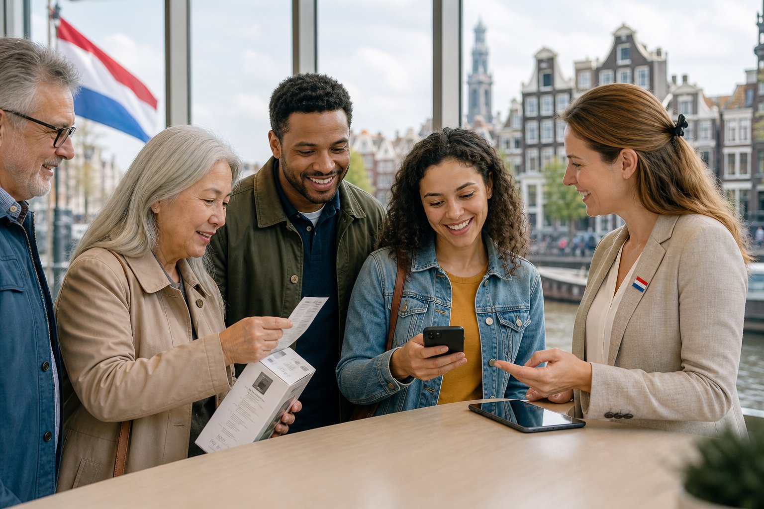 A diverse group of people in a Dutch city setting interacting positively, with one person holding a shopping receipt and another using a smartphone, symbolizing consumer rights.