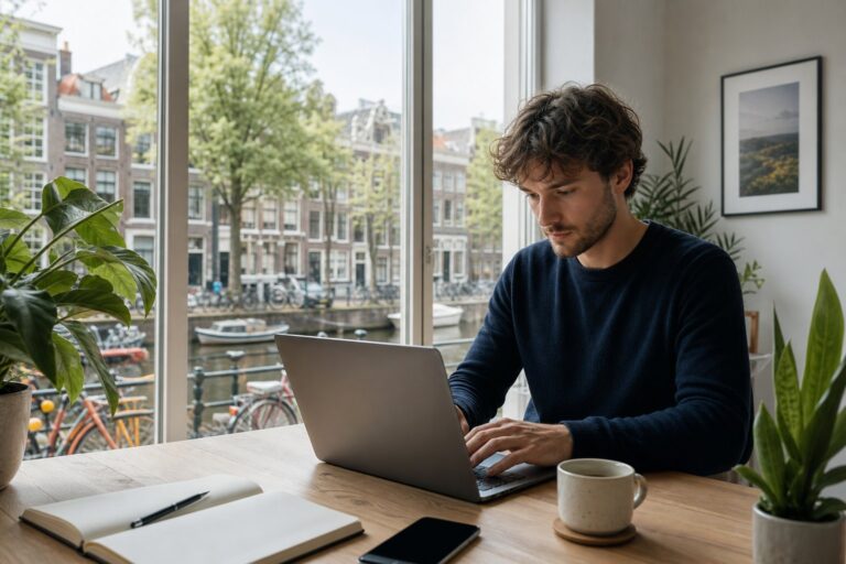 A young freelancer working on a laptop in a bright home office with a view of a Dutch canal, bicycles, and traditional buildings outside the window.