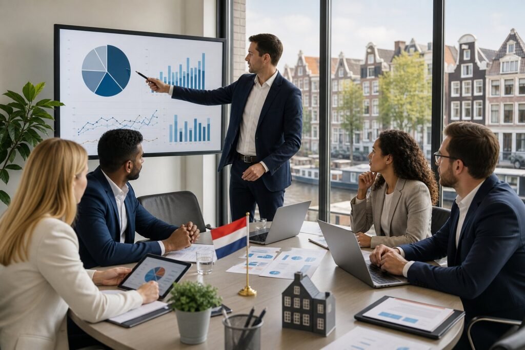 Business professionals in an office reviewing financial charts and documents related to the Dutch tax system.