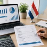 A person pointing at a payslip and laptop with payroll charts on a desk in an office with Dutch-themed decor.