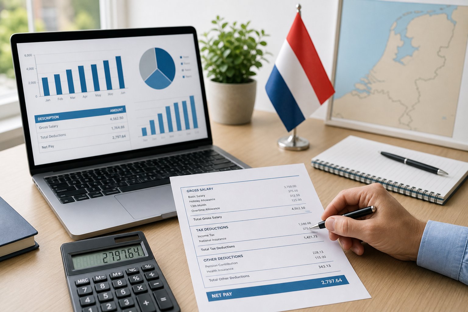 A person pointing at a payslip and laptop with payroll charts on a desk in an office with Dutch-themed decor.