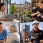 A diverse group of people working in various professional roles in a city with Dutch-style buildings and bicycles in the background.
