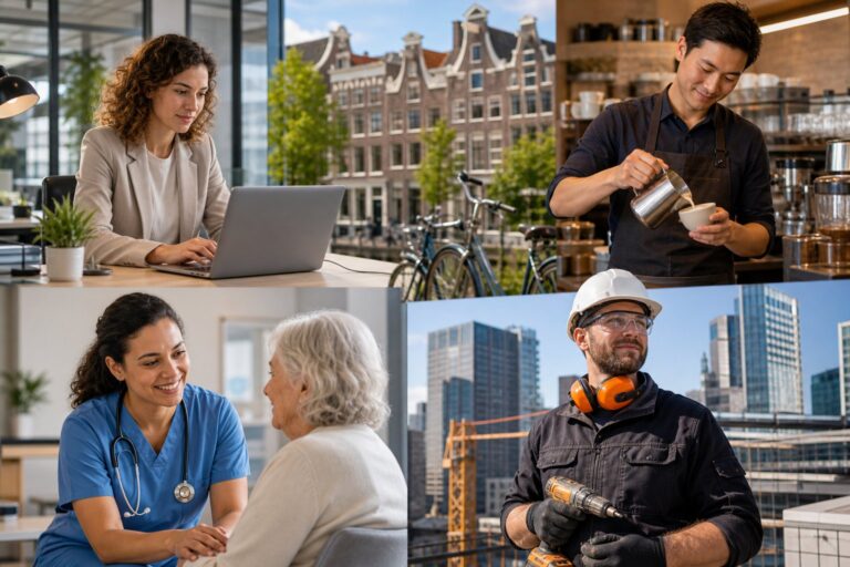A diverse group of people working in various professional roles in a city with Dutch-style buildings and bicycles in the background.