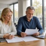 A mature couple sitting at a table in a bright room, reviewing documents with a view of a Dutch canal outside.