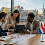 Business professionals discussing financial charts in an office with a view of Dutch canal houses and windmills.