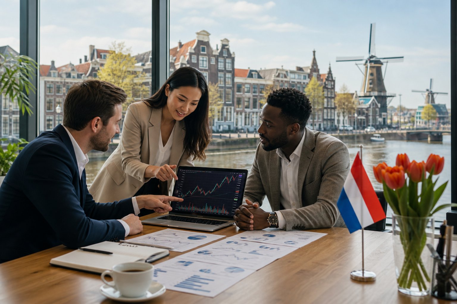 Business professionals discussing financial charts in an office with a view of Dutch canal houses and windmills.