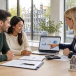 A couple meeting with a mortgage advisor in a bright office, discussing home financing with documents and a laptop on the desk.