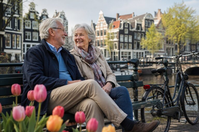 An elderly Dutch couple sitting on a bench near a canal with tulips and traditional houses in the background, smiling and enjoying a peaceful moment outdoors.