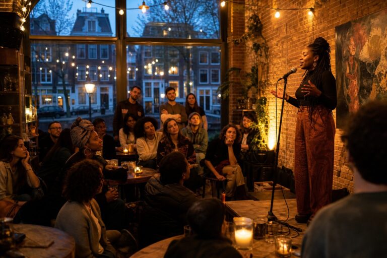 People gathered in a cozy café in Amsterdam listening to a poet performing on a small stage during an evening poetry hangout.
