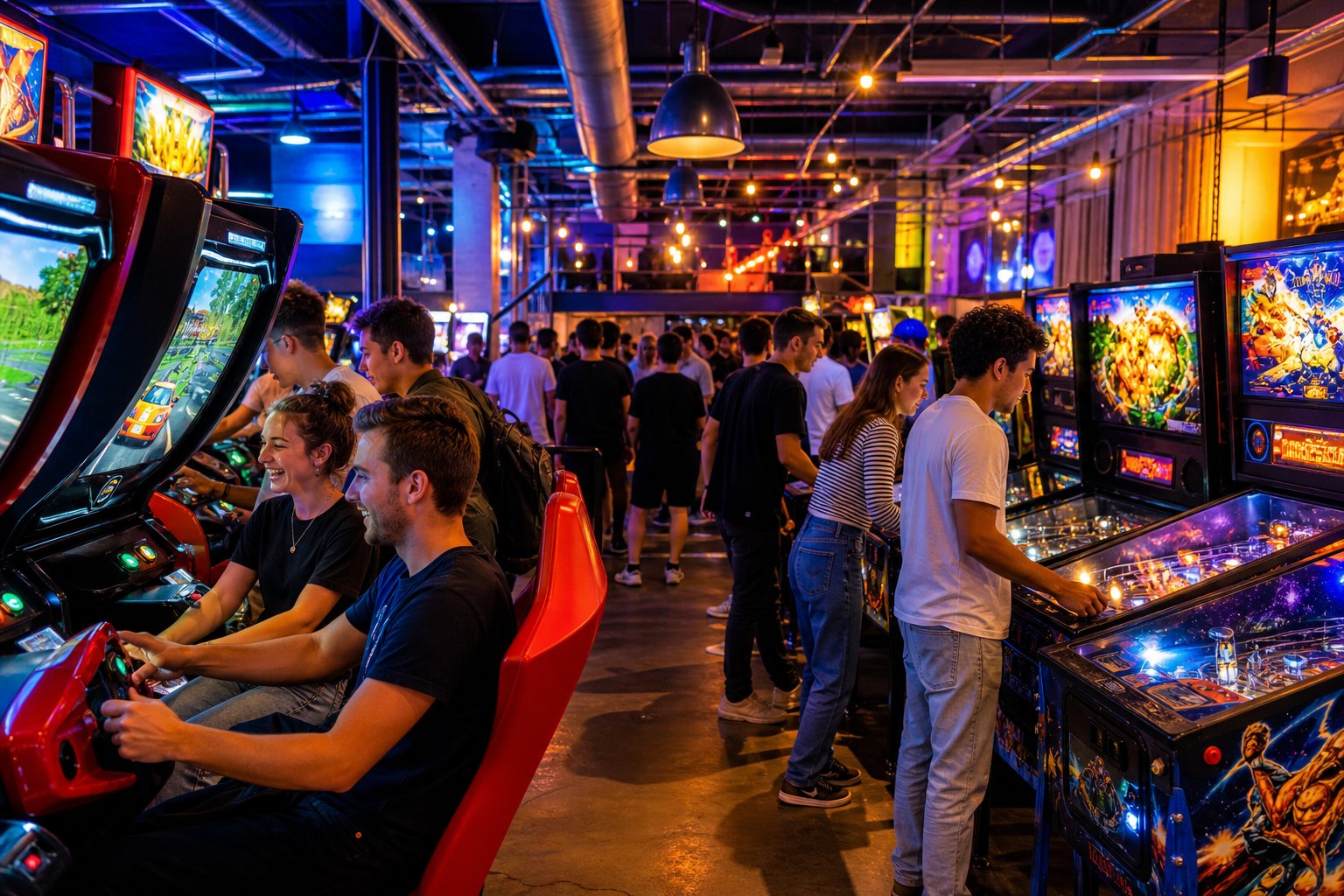 People playing arcade games in a brightly lit gaming center with colorful machines and neon lights.