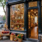 A toy store in Amsterdam with colorful toys displayed in large windows and traditional brick architecture, with cobblestone street and bicycles outside.