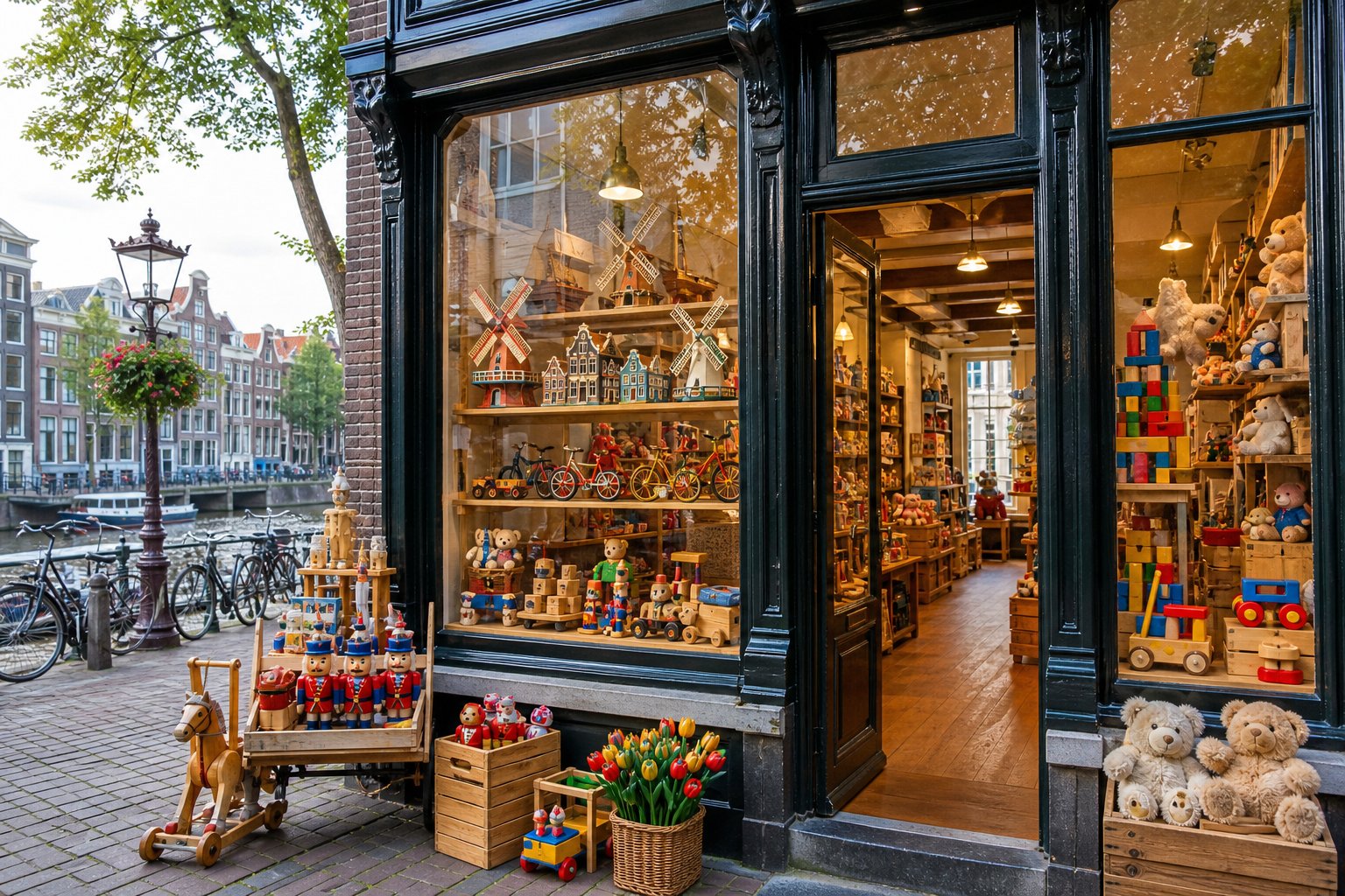 A toy store in Amsterdam with colorful toys displayed in large windows and traditional brick architecture, with cobblestone street and bicycles outside.