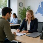 A government employee assisting a young adult with official documents in a modern Dutch office setting.