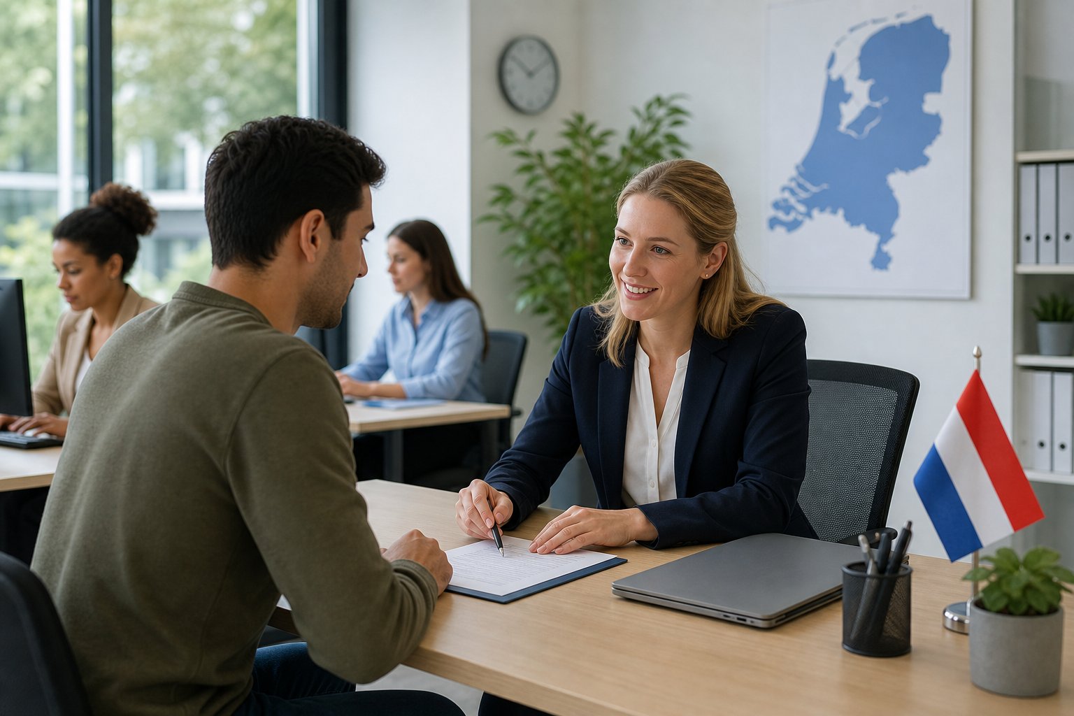 A government employee assisting a young adult with official documents in a modern Dutch office setting.