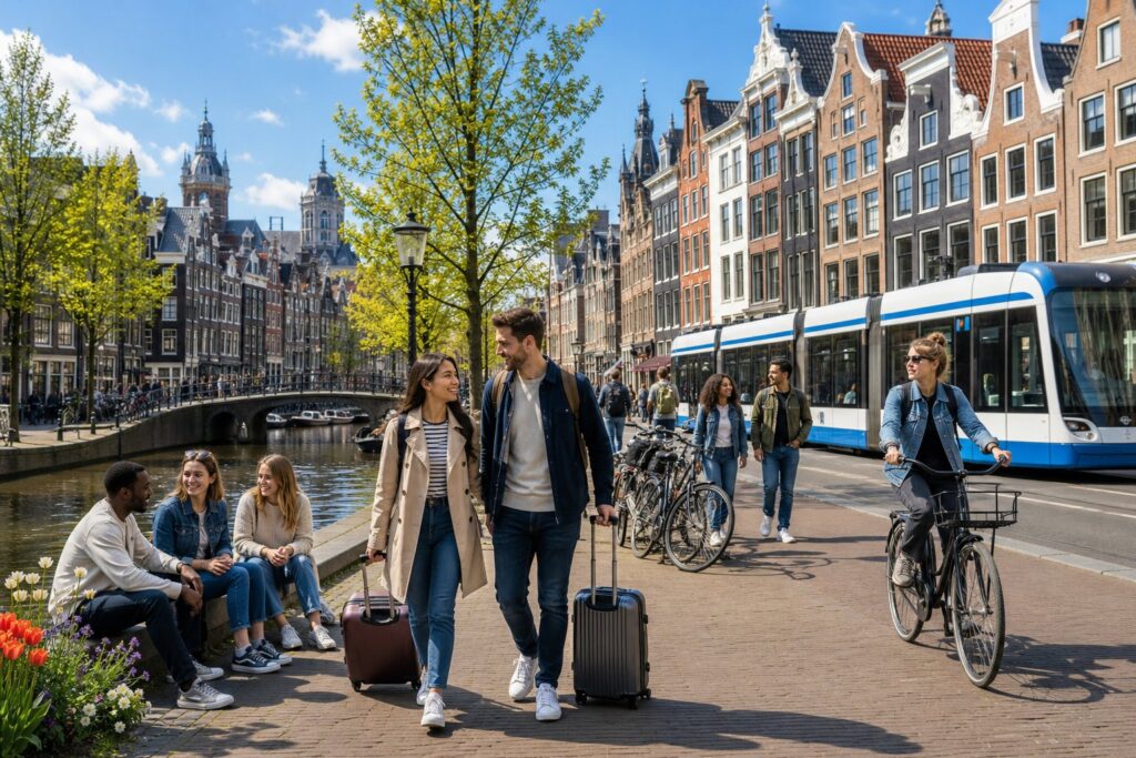 People walking and biking along a canal with traditional Dutch houses and a modern tram in the background.