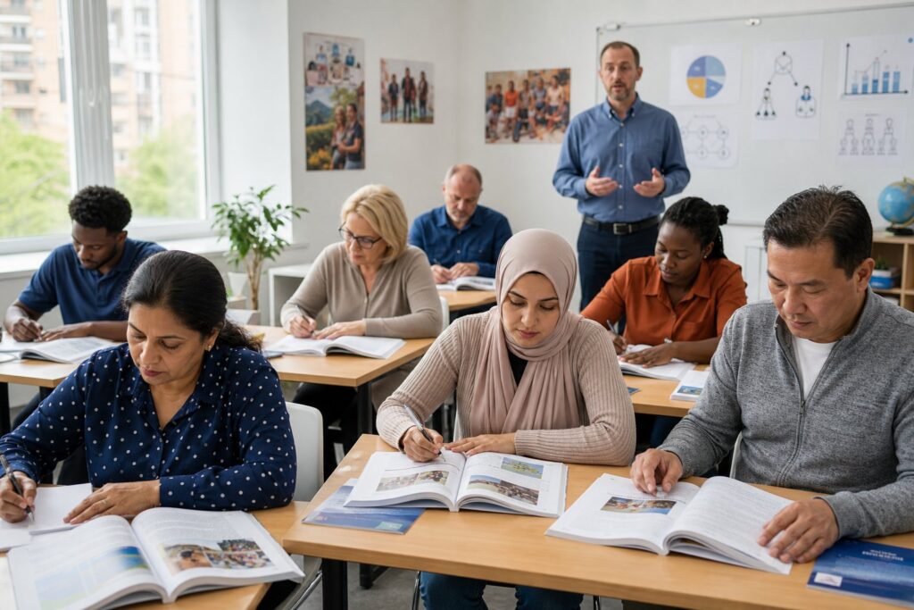 A group of adult learners studying in a bright classroom with a teacher standing nearby, surrounded by educational materials and posters.