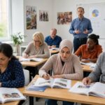 A group of adult learners studying in a bright classroom with a teacher standing nearby, surrounded by educational materials and posters.