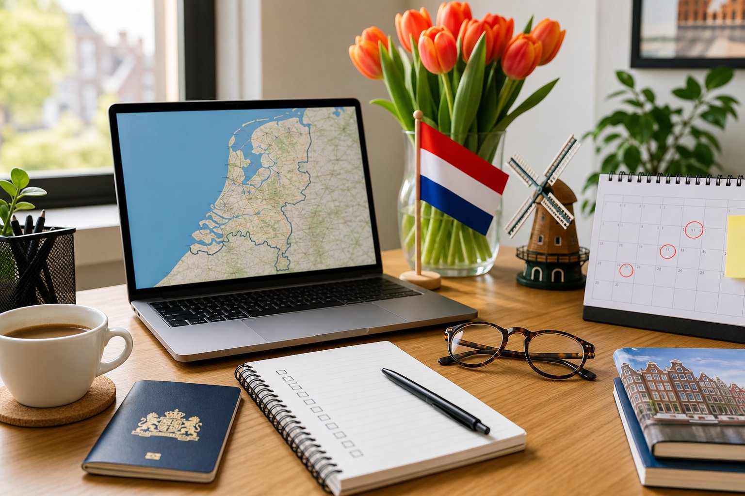 A workspace with a laptop showing a map, a passport, eyeglasses, a calendar, a cup of coffee, a small Dutch flag, tulips, and a windmill figurine, suggesting preparation for moving to the Netherlands.