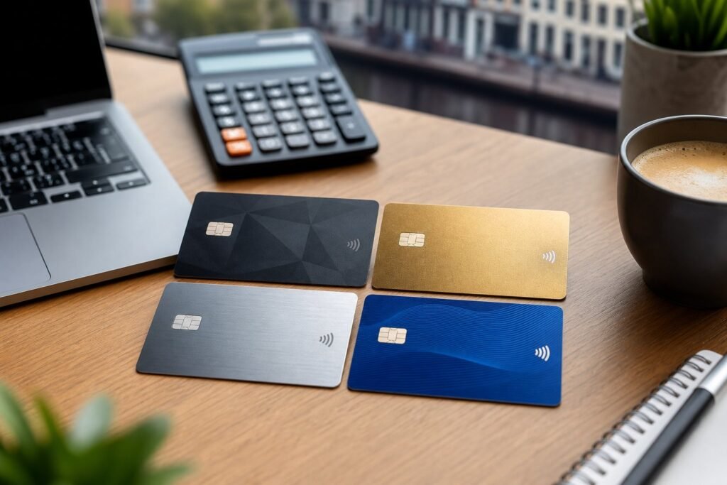 Four credit cards arranged on a wooden desk with a laptop, calculator, and coffee cup nearby.