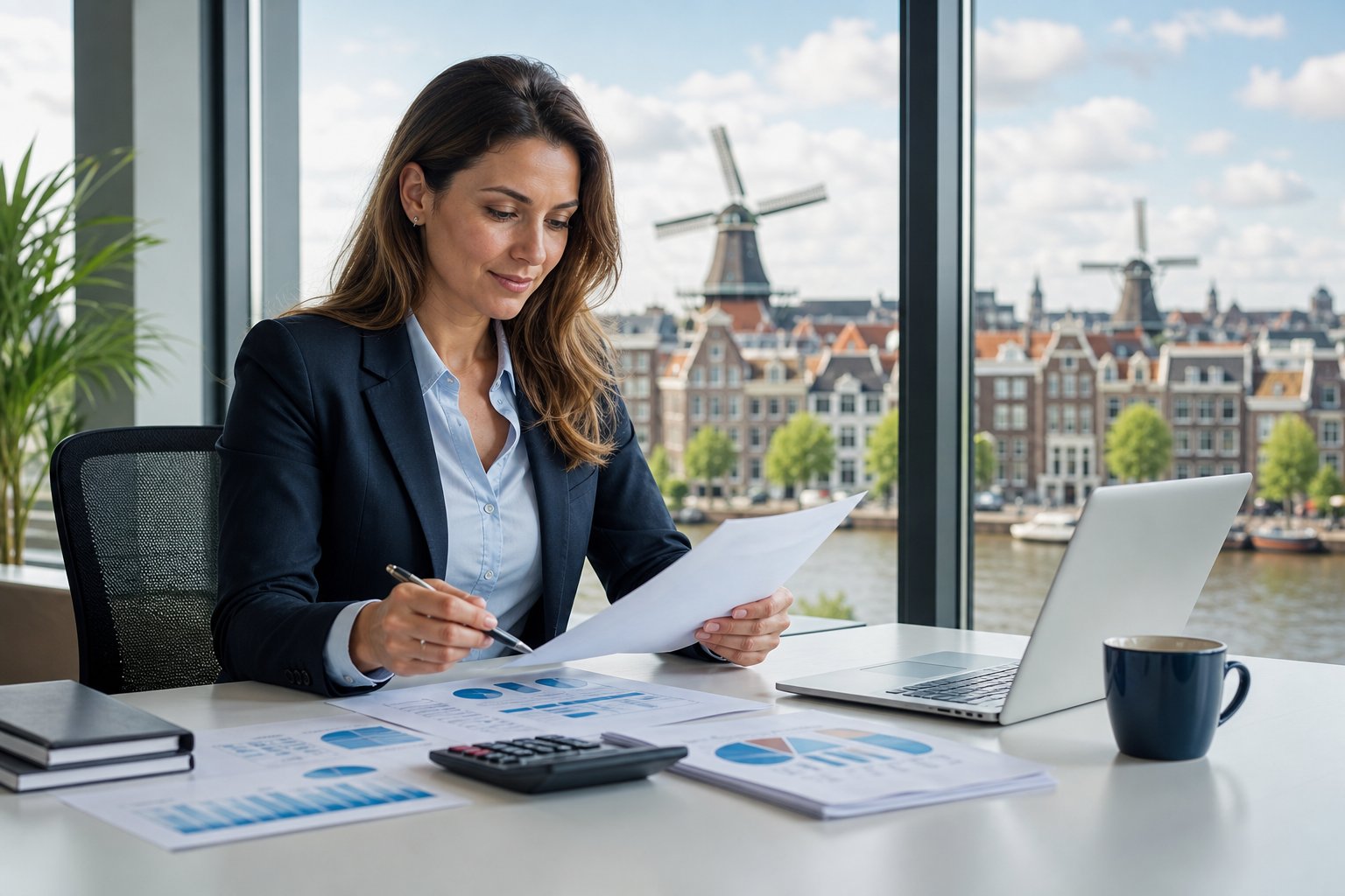 Businesswoman reviewing loan documents at a desk with a cityscape featuring Dutch architecture visible through a window.