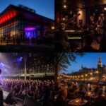 Four different live music venues in Amsterdam including a concert hall, jazz club, rock venue, and outdoor terrace by a canal with people enjoying live performances.