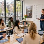 A diverse group of adults learning Dutch in a bright classroom with views of Amsterdam canals and bicycles outside.