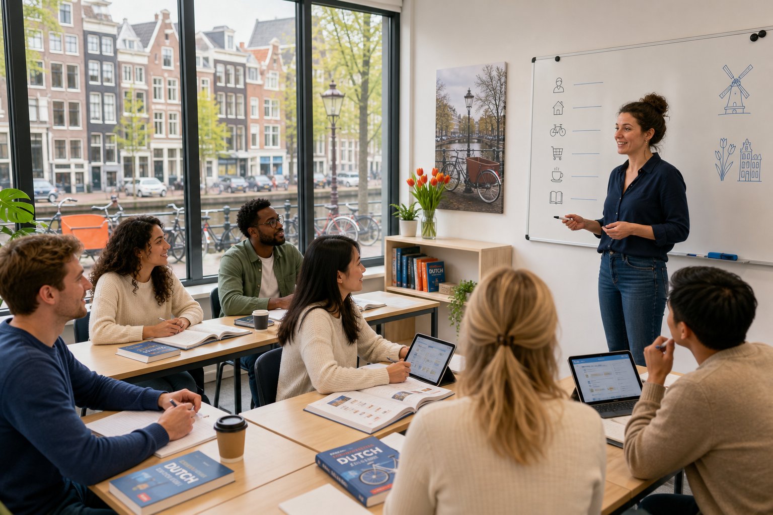 A diverse group of adults learning Dutch in a bright classroom with views of Amsterdam canals and bicycles outside.