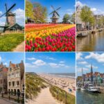 A collage of six scenic locations near Amsterdam including windmills, tulip fields, canals, historic streets, a beach with dunes, and a colorful fishing village.