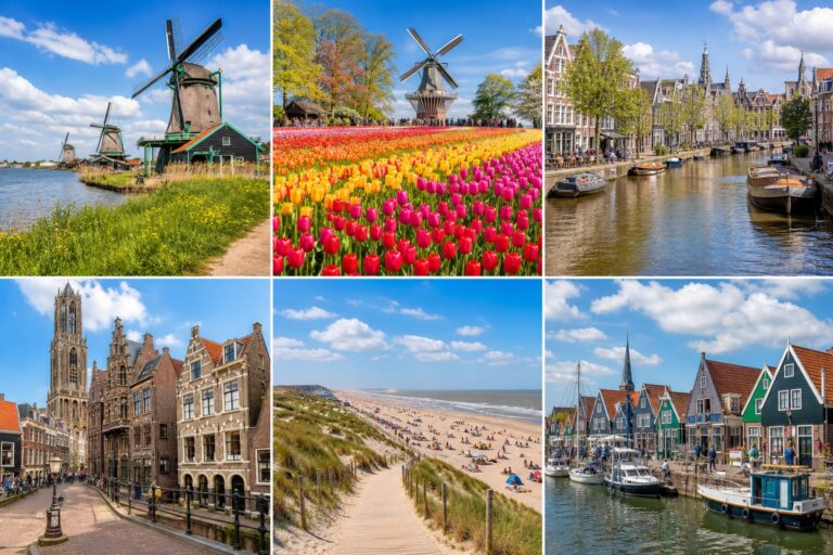A collage of six scenic locations near Amsterdam including windmills, tulip fields, canals, historic streets, a beach with dunes, and a colorful fishing village.