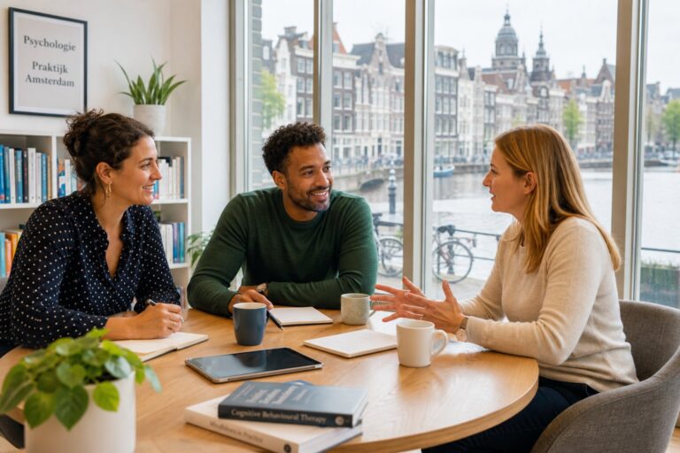 Three psychologists and counselors having a discussion around a table in a bright office with windows showing Amsterdam cityscape.
