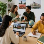 Five adults learning Dutch using books, laptop, flashcards, audio lessons, and writing in a bright study room.