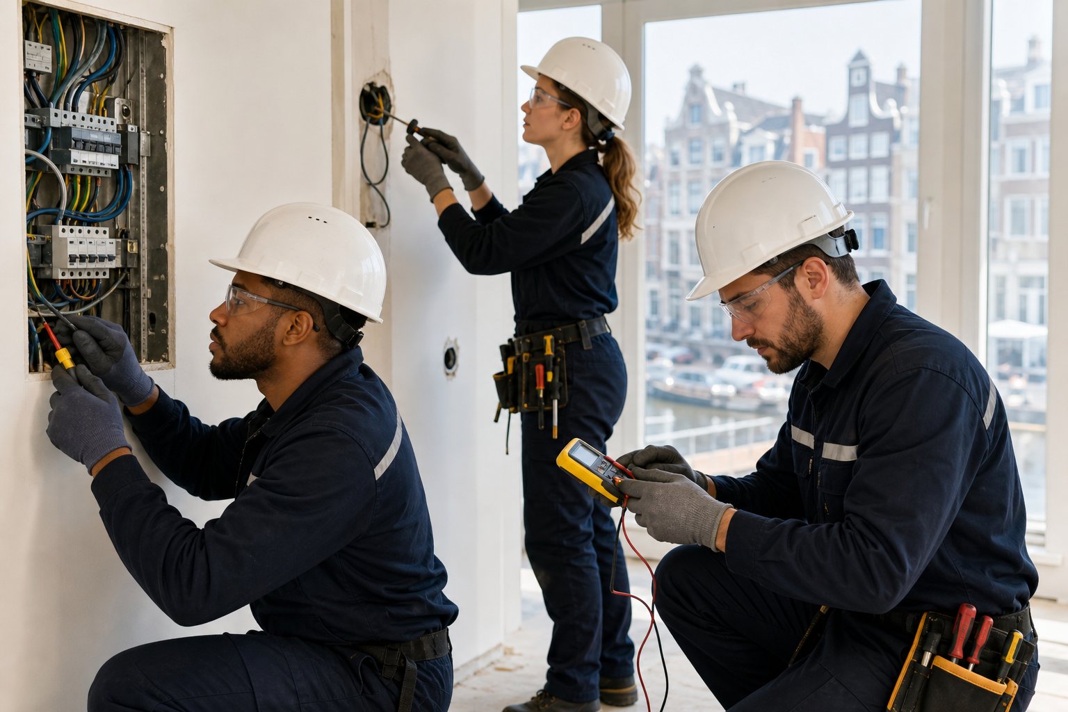 Three electricians working together on electrical wiring inside a modern home.