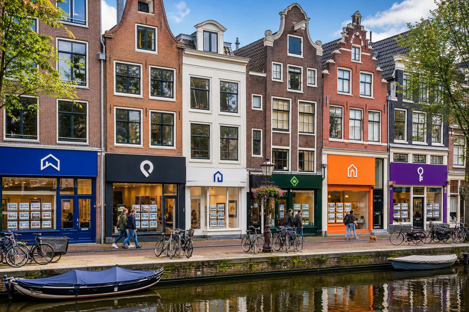 A canal-side street in Amsterdam with six rental agency storefronts, bicycles parked nearby, and classic Dutch buildings in the background.