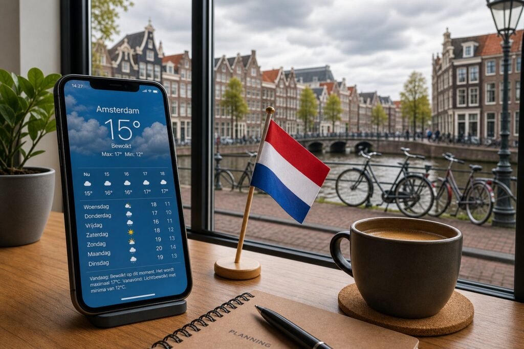 A smartphone showing a weather app on a desk with a Dutch flag and coffee cup, overlooking a canal with bicycles and traditional Dutch houses under a cloudy sky.