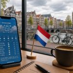 A smartphone showing a weather app on a desk with a Dutch flag and coffee cup, overlooking a canal with bicycles and traditional Dutch houses under a cloudy sky.