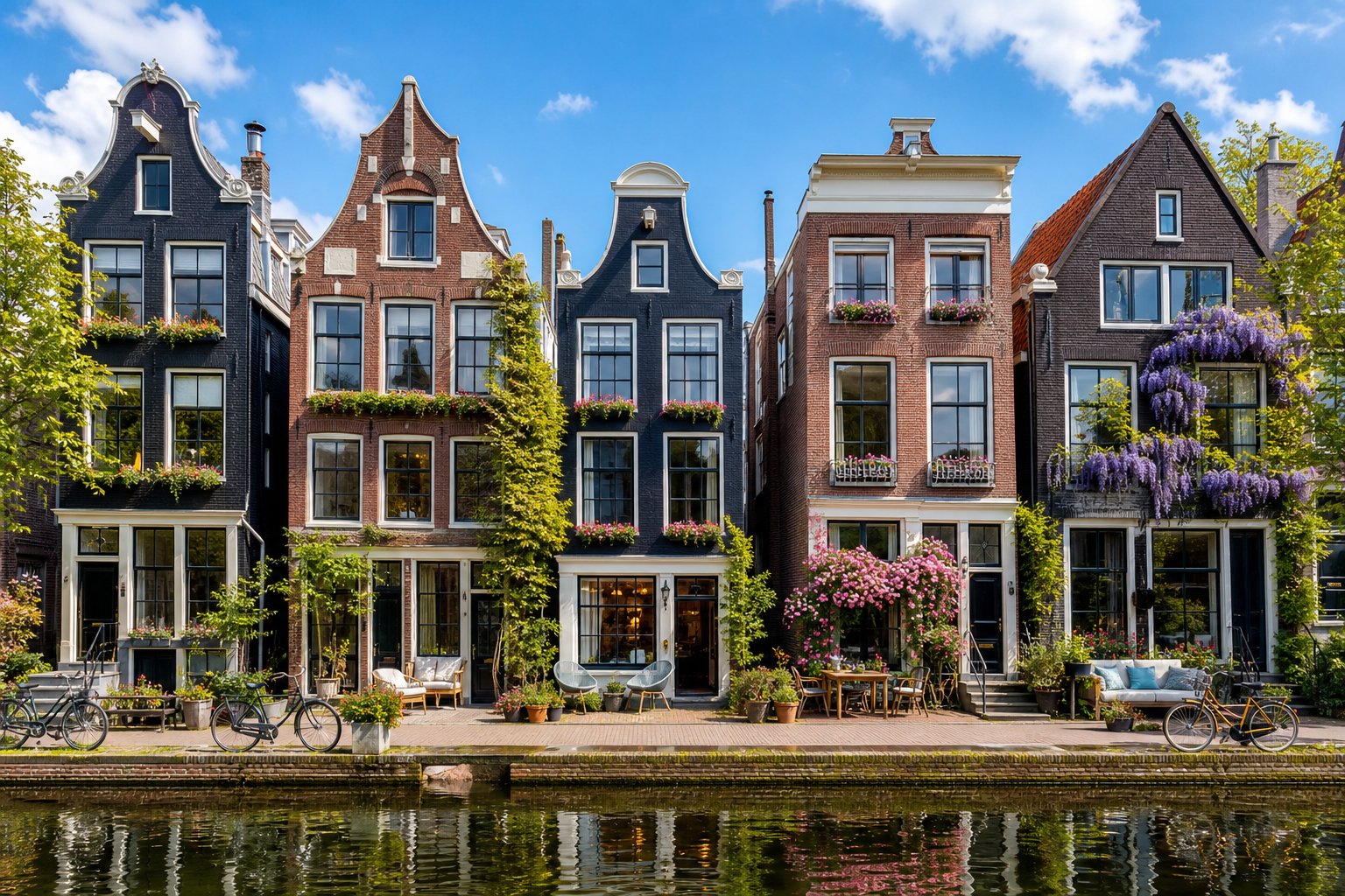 Five charming short stay rental apartments along a calm canal in Amsterdam with bicycles and outdoor seating.