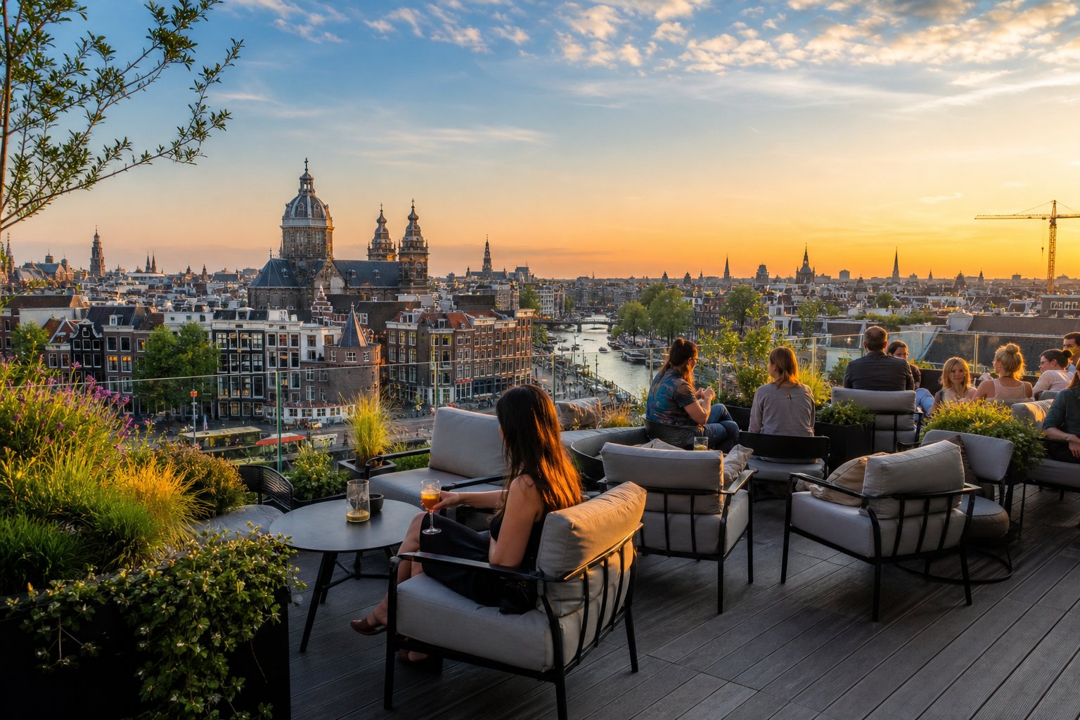 Rooftop bar with seating overlooking Amsterdam's canals and historic buildings during sunset.