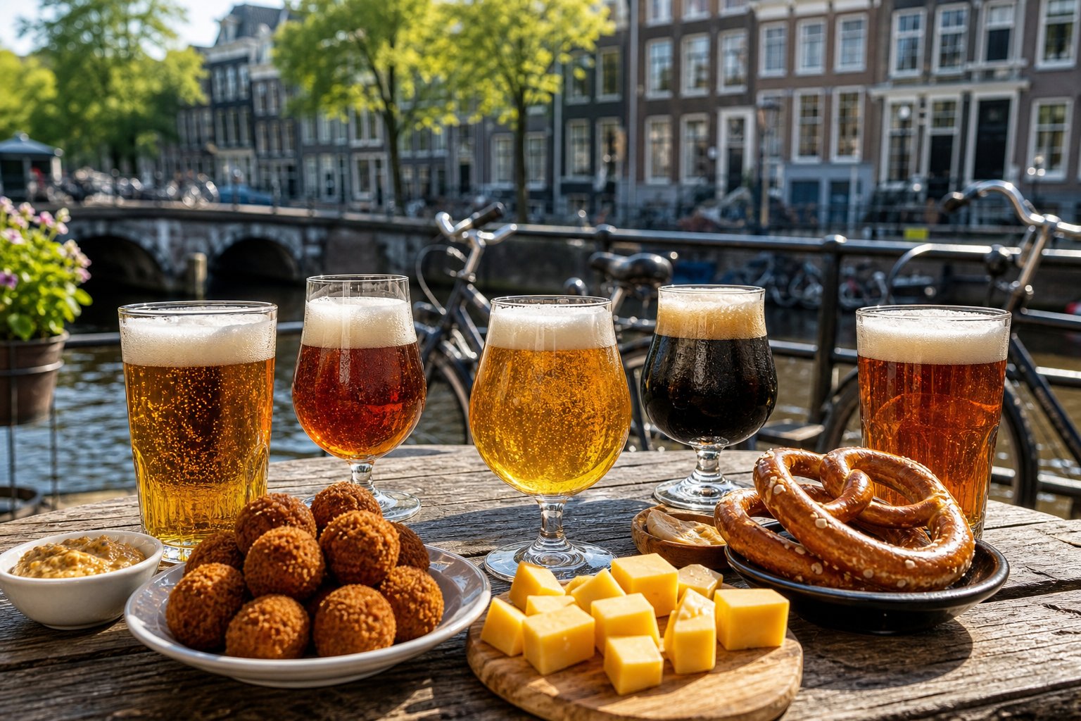 A wooden table outdoors with various types of Dutch beers and traditional snacks, set against a background of a canal, bicycles, and Dutch brick houses.