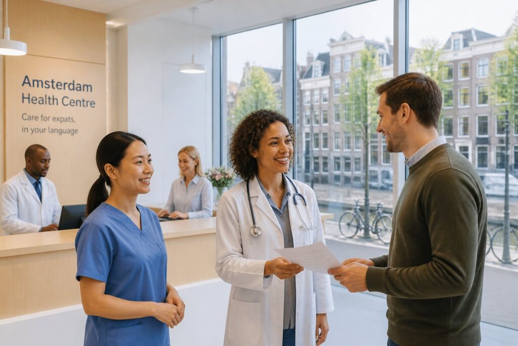 Healthcare professionals assisting a smiling patient in a bright clinic with a view of Amsterdam architecture outside.