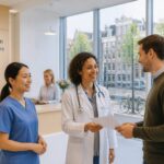 Healthcare professionals assisting a smiling patient in a bright clinic with a view of Amsterdam architecture outside.