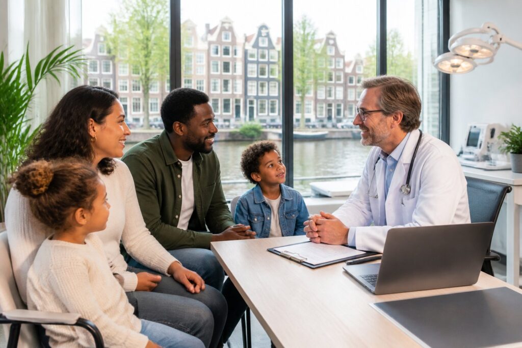 A family doctor consulting with a family in a bright clinic with windows showing Amsterdam canals and houses.